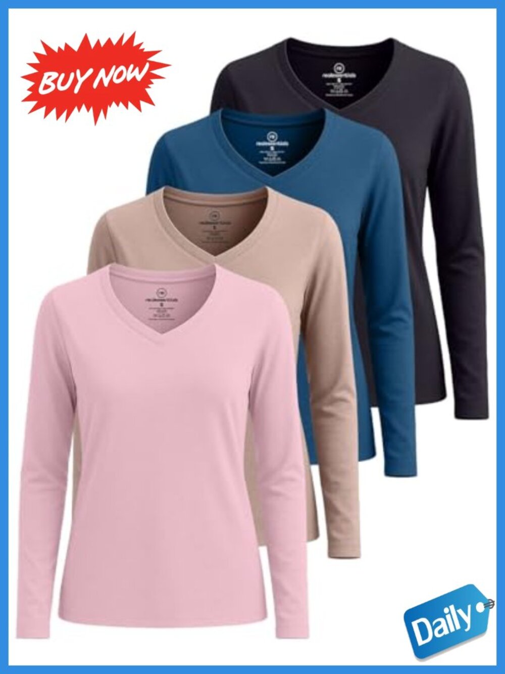 4 Pack Women's Long Sleeve Cotton V Neck T-Shirts Basic Tees Tops